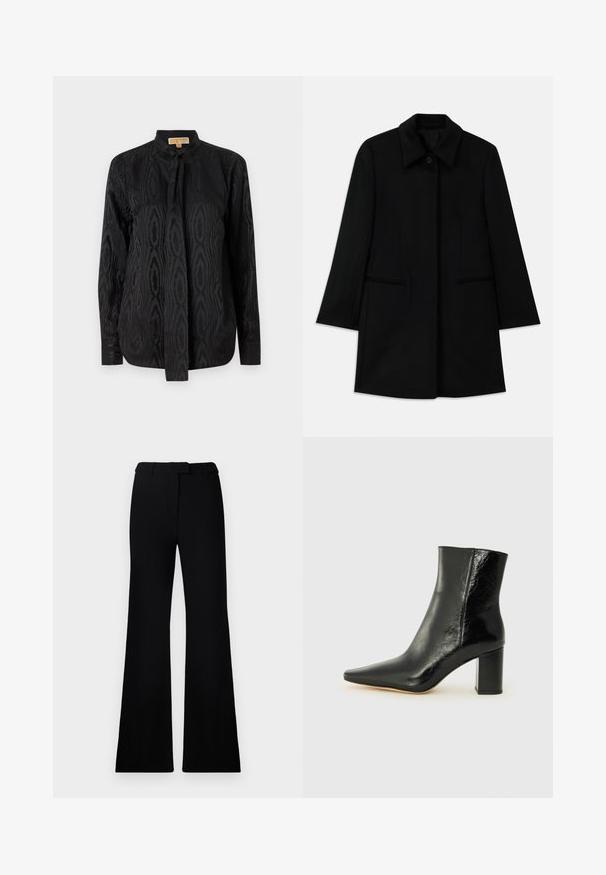 Schwarzer Wollmantel mit einer Frontknopfverschluss, breitem Kragen und zwei Seitentaschen. Verfügt über einen geraden Schnitt und eine glatte Textur.; Schwarze Bluse aus glattem Stoff, mit einem dezenten, tonalen Muster, langen Ärmeln, einem Stehkragen und einer Schnürung am Hals.; Schwarze ausgestellte Hose mit einer glatten Textur, tailliertem Bund und Fronttaschen, entworfen mit einer eleganten, modernen Silhouette.; Schwarze Knöchelstiefelette aus glänzendem Leder mit spitzem Zeh und klobigem, quadratischem Absatz. Verfügt über eine glatte Textur und ein minimalistisches Design.