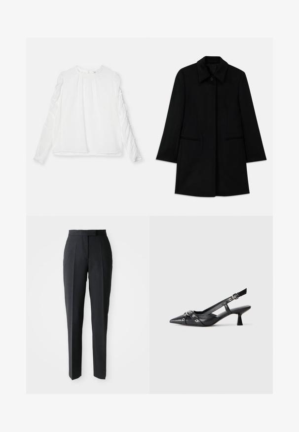 Black wool coat with a front button closure, wide collar, and two side pockets. Features a straight cut and smooth texture.; White long-sleeve top with a round neckline and gathered detailing on sleeves. Made of lightweight fabric with a flowing fit.; Black tailored straight-leg trousers with high waist and front creases, displayed on a plain light background.; Black leather slingback shoe with a pointed toe, decorative straps featuring metal eyelets, and a low block heel. Textured surface.