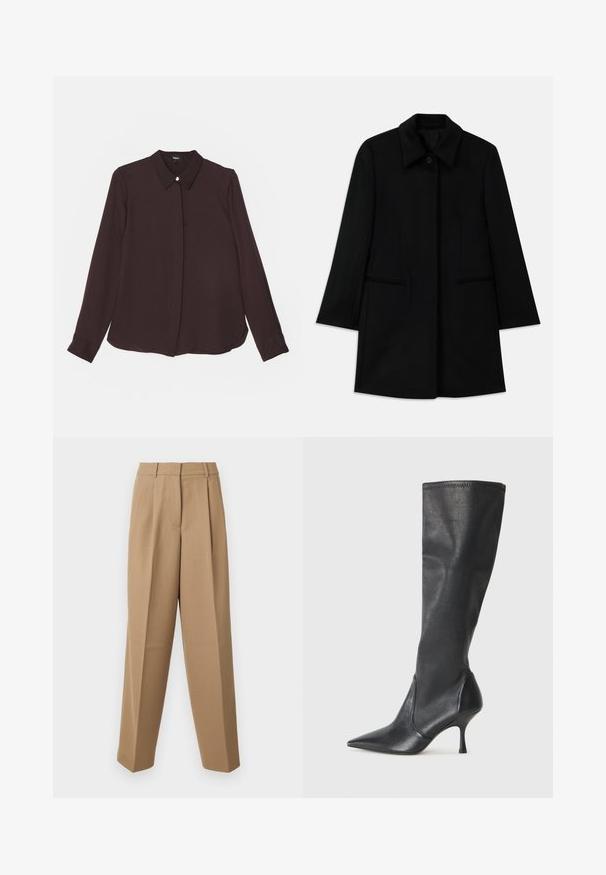 Juodas vilnonis paltas su priekiniais mygtukais, plačiomis apykaklėmis ir dviem šoniniais kišenėmis. Turi tiesų kirpimą ir sklandžią tekstūrą.; Theory CLASSIC FITTED - Užsagstoma palaidinė - hickory; Bežinės pritaikytos kelnės su aukštu liemeniu, raukšlėtu priekiu ir plačiomis kojomis. Audinys atrodo lygus, su nedideliu blizgesiu.; Juodų odinių batų iki kelių su smailiu pirštu ir plonu stiletto kulnu. Lygus paviršius, pritaikytas dizainas ir siuvimas viršutiniame krašte.