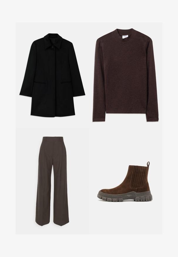 Schwarzer Wollmantel mit einer Frontknopfverschluss, breitem Kragen und zwei Seitentaschen. Verfügt über einen geraden Schnitt und eine glatte Textur.; Braunes Langarmoberteil mit hohem Kragen, aus weichem, strukturiertem Stoff. Verfügt über ein schlichtes Design und gerade geschnittene Ärmel.; Dunkelbraune weite Hose mit hoher Taille, die über sorgfältig gebügelte Falten, eine glatte Textur und eine taillierte Passform verfügt.; Weekend Max Mara GENEPI - Plateaustiefelette - moro