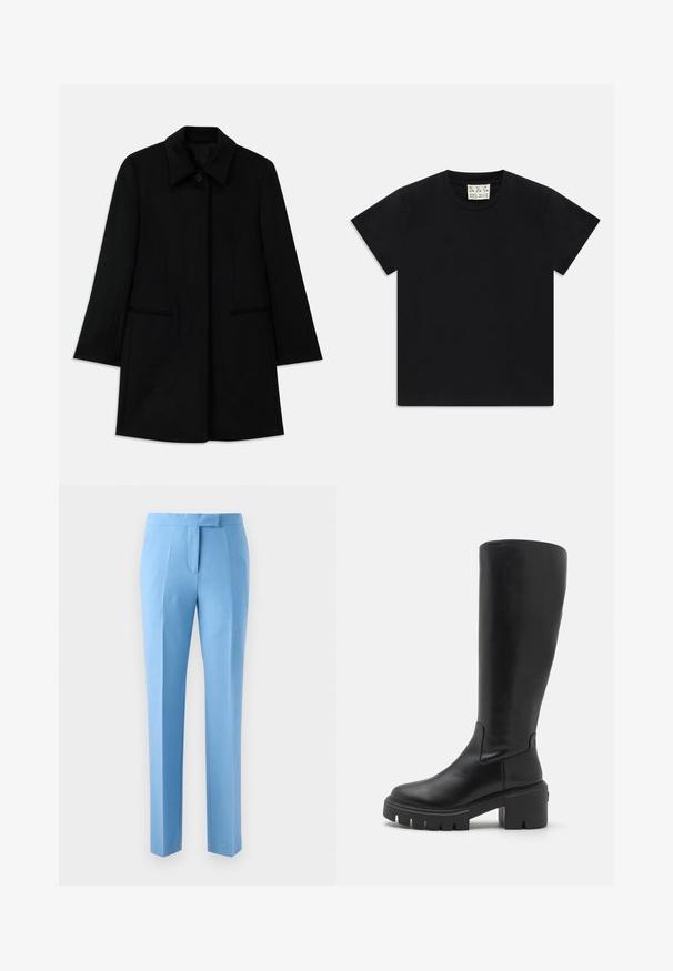 Manteau en laine noir avec une fermeture à boutons à l'avant, un large col et deux poches latérales. Présente une coupe droite et une texture lisse.; T-shirt noir à manches courtes avec col rond, portant une étiquette blanche à l'intérieur du col étiquetée "D.R.C. EST. 2002" sur fond blanc.; Pantalons bleu clair avec une coupe ajustée, dotés d'un devant plat, de poches latérales et d'une texture lisse. Conçus avec une silhouette moderne et épurée.; Bottes en cuir noires montantes avec une texture lisse, semelle plateforme épaisse et un design à bout carré. Style minimaliste sans accents visibles.