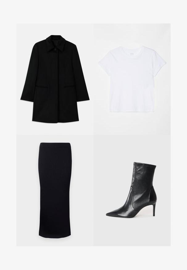 Melna vilnas mētelis ar priekšējo pogu aizdari, platu apkakli un divām sānu kabatām. Izceļas ar taisnu griezumu un gludu tekstūru.; FRAME BABY TEE - Pamata T-krekls - white; Melnā ribota džersija midi svārki ar pieguļošu siluetu, ar elastīgu jostas vietu un taisnu apakšmalu. Gluda tekstūra visā virsmā.; Melnas potītes zābakus, kas izgatavoti no gludas ādas, ar norādītu purngaliņu, pieguļošu kāju un šauru augstu papēdi. Minimalistisks dizains bez redzamiem aksesuāriem.