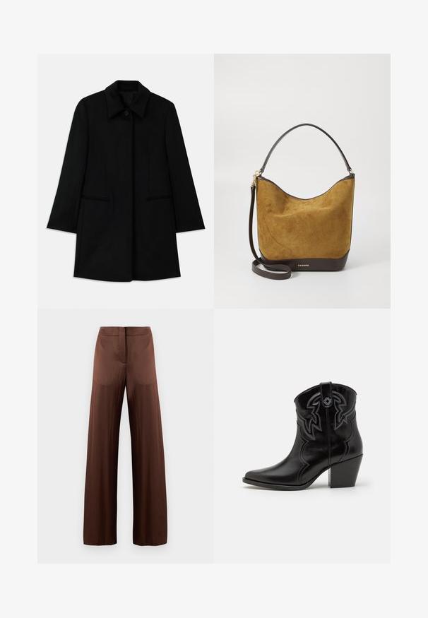 Melna vilnas mētelis ar priekšējo pogu aizdari, platu apkakli un divām sānu kabatām. Izceļas ar taisnu griezumu un gludu tekstūru.; Balts īsais krekls ar brīvu piegriezumu, platām īsām piedurknēm, apaļu kakla izgriezumu un sānu šķērsojumiem, izgatavots no mīksta kokvilnas auduma.; Brūni platleģi bikses, izgatavotas no gludas, vieglas auduma, ar plakanu fronti, bez kabatām un taisnu siluetu.; Maje Kovboju/motociklistu tipa puszābaki - noir; Suze somiņš sinepju dzeltenā krāsā ar gludu tumši brūnu ādas pamatu un plecu siksnu. Zelta aksesuāri un iegravēta zīmola nosaukums.