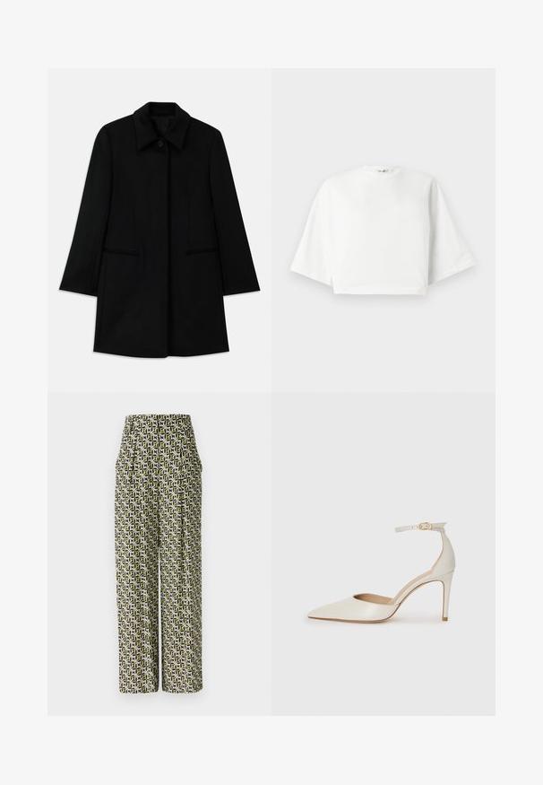 Musta villakangastakki, jossa on etupainike kiinnitys, leveä kaulus ja kaksi sivutaskua. Ominaisuudet suora leikkaus ja sileä tekstuuri.; Valkoinen lyhythihainen t-paita, jossa on rento istuvuus, leveät lyhyet hihat, pyöreä pääntie ja sivuhalkiot, valmistettu pehmeästä puuvillamateriaalista.; Diane von Furstenberg BELLINI PANTS - Housut - green; Valkoinen nahkainen korkokenkä, jossa on terävä kärkinen muoto, nilkkaremmi ja kapea korko. Suora pinta, jossa on hienovarainen kiiltävä viimeistely.