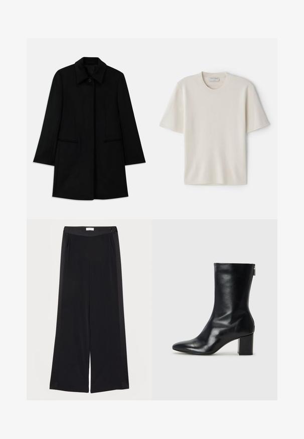 Juodas vilnonis paltas su priekiniais mygtukais, plačiomis apykaklėmis ir dviem šoniniais kišenėmis. Turi tiesų kirpimą ir sklandžią tekstūrą.; Kremos šviesiai geltonas trumpų rankoviu marškinėliai su apvaliu iškirpimu, pagaminti iš minkštos medžiagos, turintys tiesų siluetą ir minimalų dekorą.; Platus juodos kelnes, pagamintas iš lygaus audinio, su plokščiu juosmeniu, klostėmis ir šoninėmis kišenėmis. Švarios linijos su minimaliais detalėmis.; Juodų odinių kulkšninių botų su smailiu nosiu ir 4 cm pločio bloku. Išskirtinis dizainas pasižymi šoniniu užtrauktuku, leidžiančiu lengvai apsiauti. Lygi tekstūra.