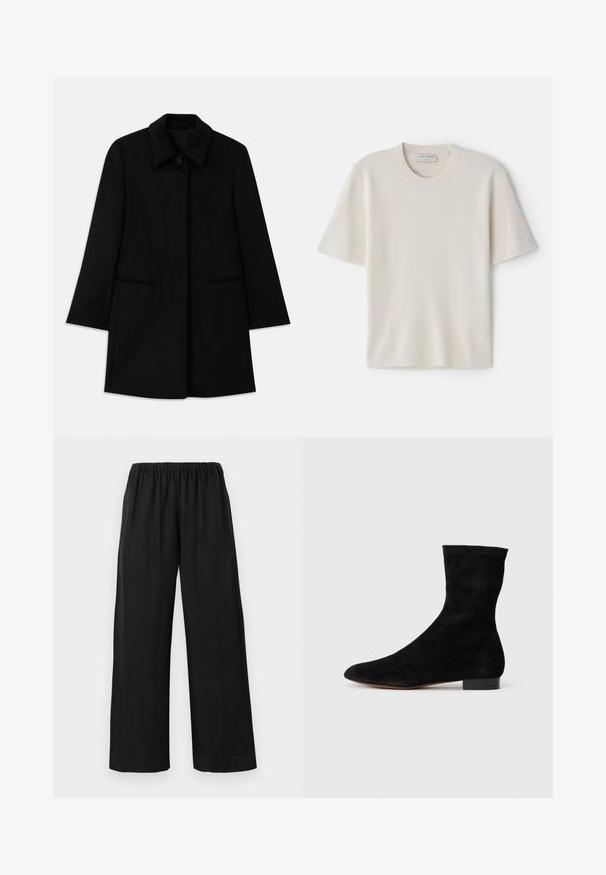 Schwarzer Wollmantel mit einer Frontknopfverschluss, breitem Kragen und zwei Seitentaschen. Verfügt über einen geraden Schnitt und eine glatte Textur.; Krèmi-farbene Kurzarm-T-Shirt mit rundem Ausschnitt, aus weichem Material gefertigt, mit geradem Schnitt und minimaler Ausstattung.; Schwarze weite Hosen aus einem weichen, leichten Stoff, mit einem elastischen Bund und genähtem Saum, die eine entspannte Passform bieten.; Schwarze Wildleder-Ankelboots mit einem enganliegenden Schaft, spitzer Zehenform und niedrigem Blockabsatz. Glatte Textur und minimalistisches Design, geeignet für vielseitige Styles.