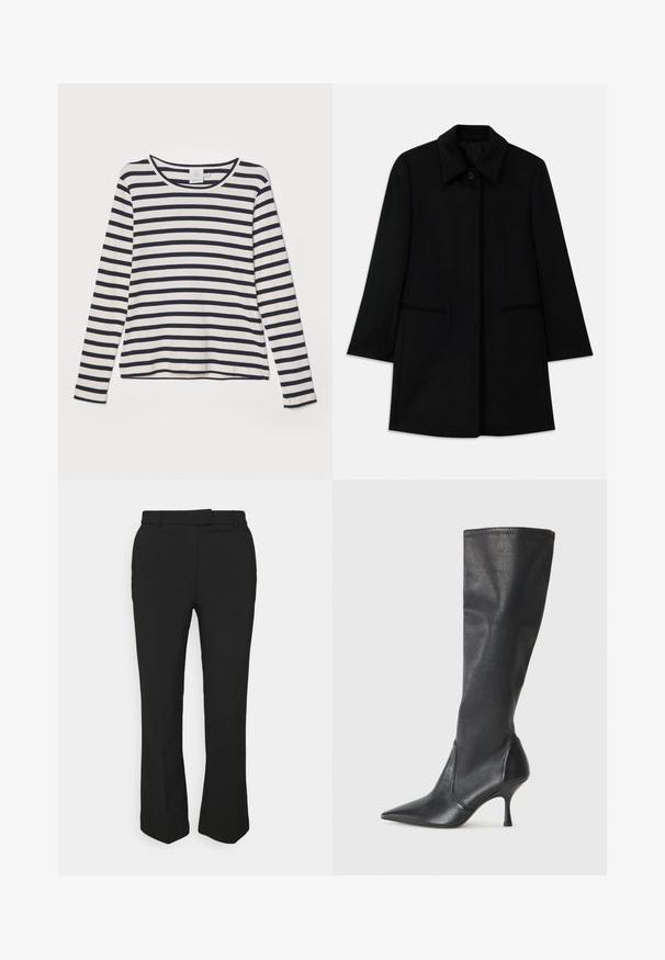 Crni vuneni kaput s prednjim zatvaranjem na gumbi, širokim ovratnikom i dva bočna džepa. Ima ravni kroj i glatku текстуру.; Majica dugih rukava u krem boji s tamnoplavim horizontalnim prugama, s okruglim izrezom, rebrastom teksturom i opuštenim krojem.; Crne krojene hlače s ravnim krojem, s remenom na pojasu i bočnim džepovima. Izrađene su od glatkog materijala s urednim završetkom.; Čizme od crne kože visine do koljena s šiljastim nosom i uskim stiletto potpeticama. Glatka tekstura s tijesnim dizajnom i šavovima na gornjoj ivici.