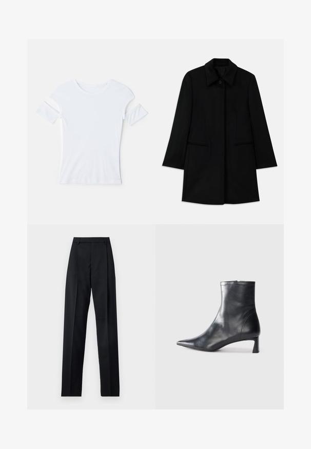 Black wool coat with a front button closure, wide collar, and two side pockets. Features a straight cut and smooth texture.; White cotton t-shirt featuring a round neck, short sleeves with cut-out accents, and a fitted design. Smooth texture, minimal detailing.; Black trousers made from smooth fabric featuring a high waist, wide legs, front pleats, and classic belt loops. No side pockets visible.; Black leather ankle boot with a pointed toe and a sleek design. Features a low heel and a zipper closure at the back. Smooth texture.