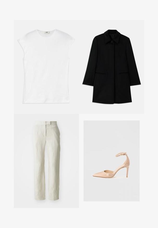 Juodas vilnonis paltas su priekiniais mygtukais, plačiomis apykaklėmis ir dviem šoniniais kišenėmis. Turi tiesų kirpimą ir sklandžią tekstūrą.; Balta trumpa rankovėmis marškinėliai pagaminti iš medvilnės. Turi apvalų iškirpimą ir lygų, minkštą tekstūrą, suteikiančią laisvą prigludimą. Be raštų ar akcentų.; Balti lininiai kelnės, pritaikytos figūrai, su lygiu priekyje ir tiesiomis kojomis. Sklandus paviršius su šiek tiek raukšlių detale.; Nuogos patentinės odos batai su smailiu kojų galiuku, kulkšnies dirželiu ir smailiu kulnu, pasižymintys lygiu paviršiumi ir minimalistiniu dizainu.