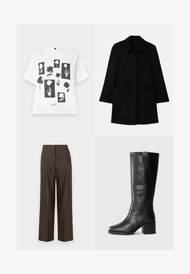 Black wool coat with a front button closure, wide collar, and two side pockets. Features a straight cut and smooth texture.; White short-sleeve t-shirt featuring a black floral print design with various flower shapes on rectangular backgrounds. Text at the bottom reads "WEEKEND."; Brown wide-leg trousers with a smooth texture, featuring a high waist, front pleats, and a tailored design. No visible pockets or embellishments.; Black leather knee-high boots with a smooth texture, square toe, block heel, and side pull tab, featuring minimal stitching details.
