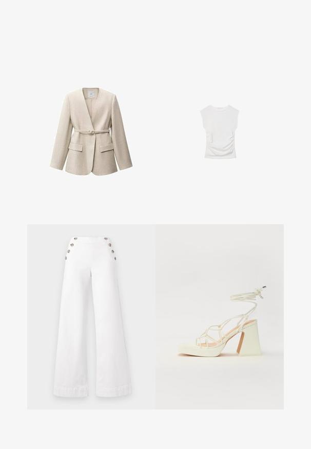 Béžový lněný blazer s dlouhými rukávy, zavinovací design, jedno tlačítko na zapínání a dvě přední kapsy. Hladká textura a minimalistický styl.; Bílý top s krátkým rukávem a kulatým výstřihem. Má na stranách nařasenou texturu a přiléhavý siluetu, vyrobený z měkkého, elastického materiálu.; Bílé volné kalhoty z bavlny, s velkými dekoračními knoflíky po stranách, hladkou texturou a čistými švy.; Bílé sandály na vysokém podpatku s robustním podpatkem, s designem s pásky a zavazováním kolem kotníku. Hladký povrch s platformou vpředu pro zvýšení výšky.