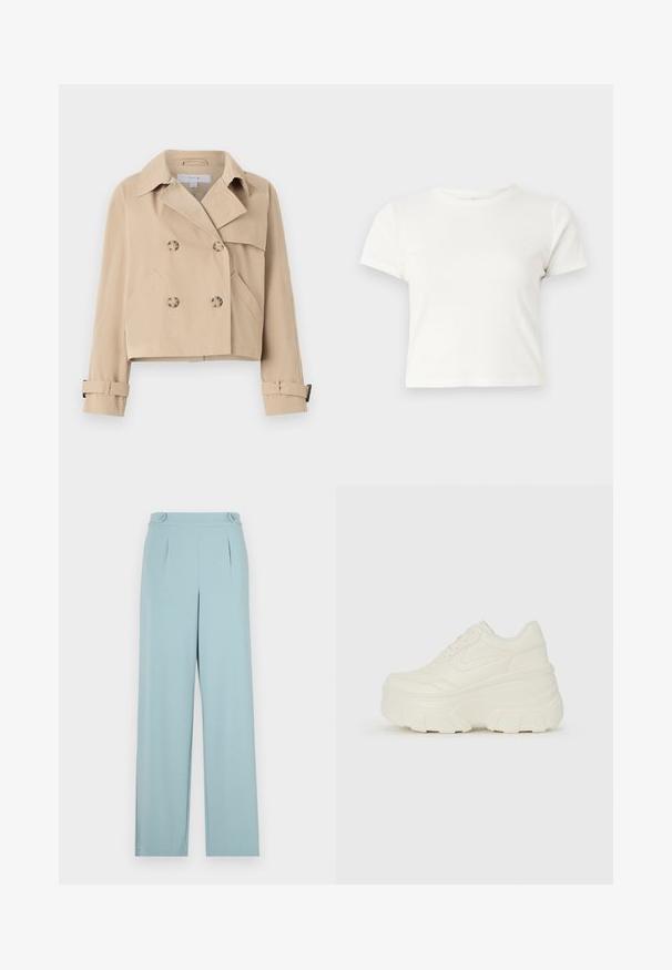 Bež plašč v kratki različici z dvojnim zapenjanjem na gumb, širokim ovratnikom in stranskimi žepi. Ima tudi trakove na rokavih.; Kratka bela majica iz bombaža s kratkimi rokavi, okroglim ovratnikom in ravnim robom, ki ima gladko teksturo in minimalističen dizajn.; Svetlo modri hlače s krojenjem, ki vključuje naborke in gumbe na pasu. Narejene so iz gladkega, lahkega materiala.; Bele platformske tene z belim zgornjim delom, ki spominja na usnje, okroglo obliko, oblazinjen ovratnik ter gumo z teksturo na podplatu z izrazitimi profili.