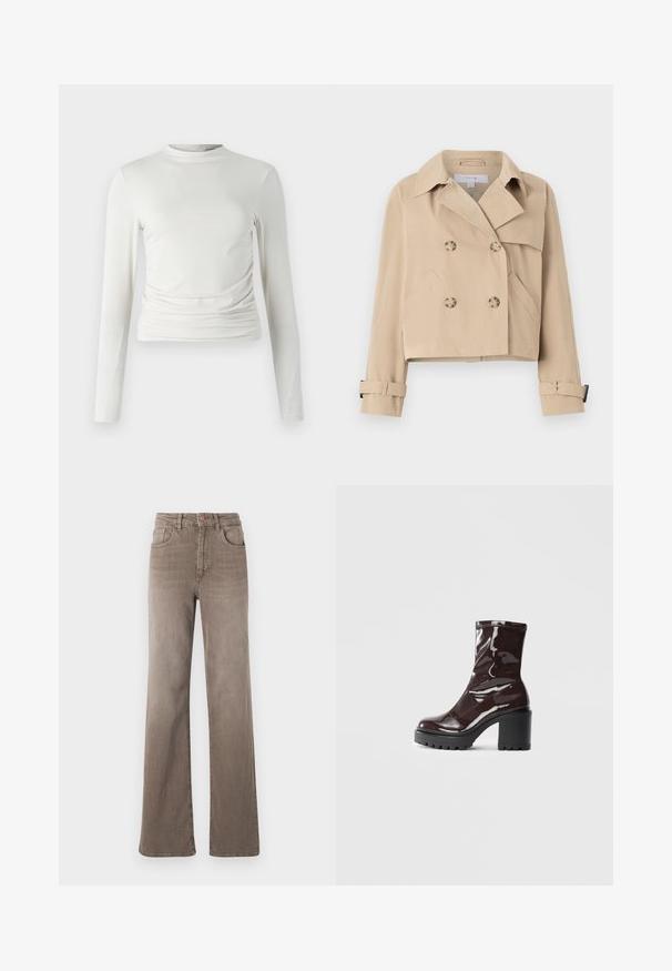 Beige cropped trench coat med dobbeltradet knappestolpe, bred krage og sidelommer. Har mansjettstropper ved ermene.; Hvit langermet topp med rund hals, laget av et glatt stoff, med side rynking og en tilpasset silhuett.; Brune høy midje rette jeans med frontknapp, beltesløyfer og klassisk fem-lomme design på hvit bakgrunn.; Glinsende burgunder ankelstøvel med en kraftig svart hæl, med en glatt tekstur og enkelt design. Ingen synlige lukkinger eller mønstre.