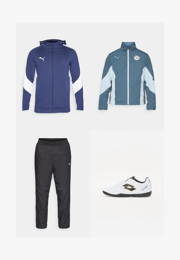 Tamsiai mėlynas ir šviesiai mėlynas vėjavėju, turintis užtrauktuką priekyje, aukštą apykaklę ir Mančesterio miesto logotipą ant krūtinės.; Tamsiai mėlyna džinsinė striukė su balta įstrižai esančia juosta ant rankovių, reguliuojama kapišonu, priekinėmis kišenėmis ir mažyte balta logo ant krūtinės.; Baltas trumpomis rankovėmis sportinis marškinėliai su apvali apykakle, su orui pralaidžiais tinkleliais šonuose ir juodu Puma logotipu ant krūtinės.; Juodos sportinės kelnės, pagamintos iš lygaus, lengvo medžiagos. Savybės: elastinė juosmens juosta ir maža balta logotipas kairėje pusėje.; Baltos sportinės bateliai su juodais ir geltonais akcentais, turintys tekstūruotą viršutinę dalį, apvalią nosį ir juodą guminius padus. Dizainas apima logotipo detalę šone.