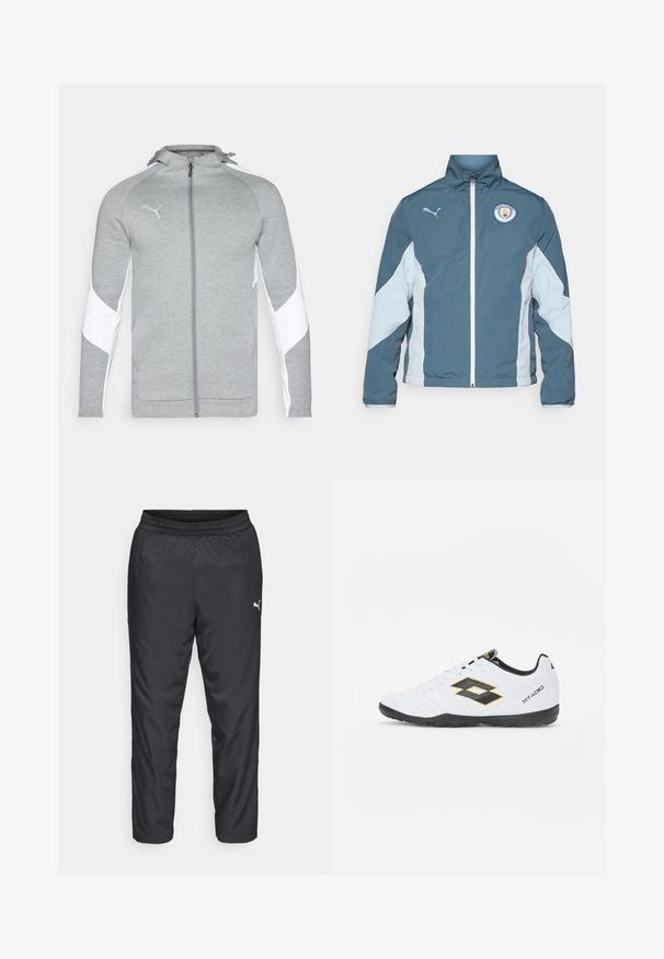 Vindjakke i mørk teal og lys blå, med glidelås foran, høy krage og Manchester City-logo på brystet.; Grå hettejakke med glidelås laget av mykt stoff, med hvite sidepaneler, en hette og en liten logo på brystet. Glatt tekstur, atletisk snitt.; Hvit kortermet atletisk skjorte med rund hals, som har pustende mesh-detaljer på sidene og en svart Puma-logo på brystet.; Sorte treningsbukser laget av glatt, lett materiale. Har elastisk midjebånd og en liten hvit logo på venstre side.; Hvite sportsko med svarte og gule detaljer, med en teksturert overflate, rund tå og en svart gummisåle. Designet inkluderer et logodetalj på siden.