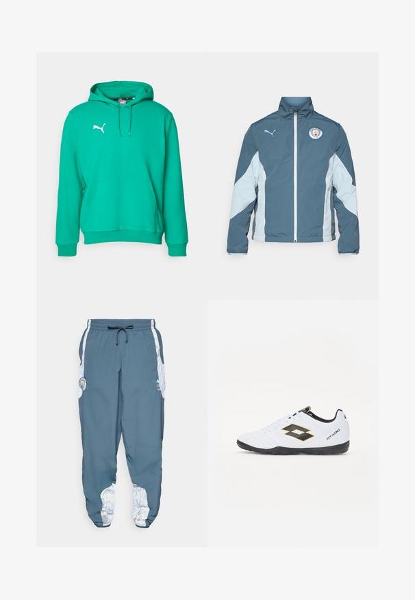 Casaco corta-vento em verde-escuro e azul-claro, com fecho éclair na frente, gola alta e logotipo do Manchester City no peito.; Sweatshirt de algodão verde com bolso canguru, capuz com cordão, punhos canelados e logotipo branco no canto superior esquerdo do peito.; Calças de treino em tecido azul com cintura elástica e cordão. Os detalhes laterais apresentam um padrão branco. Inclui um patch com o logótipo da marca.; Sapatilhas brancas com detalhes em preto e amarelo, apresentando um cabedal texturizado, biqueira redonda e sola em borracha preta. O design inclui um detalhe de logótipo de lado.