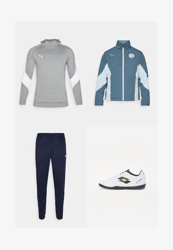 Windbreaker-Jacke in Dunkelblau und Hellblau, mit durchgehendem Reißverschluss, hohem Kragen und dem Manchester City-Logo auf der Brust.; Grau Pullover mit langen Ärmeln, die weiße Akzente an den Schultern, einen hohen Kragen und ein kleines Logo auf der Brust aufweisen. Strukturierter Stoff.; Marinefarbene Sporthosen aus leichtem Material, mit elastischem Bund und schmal zulaufenden Beinen. Kleines weißes Logo auf der Seite.; Weiße Sportschuhe mit schwarzen und gelben Akzenten, ausgestattet mit einem strukturierten Obermaterial, runder Schuhspitze und einer schwarzen Gummisohle. Das Design beinhaltet ein Logodetail an der Seite.