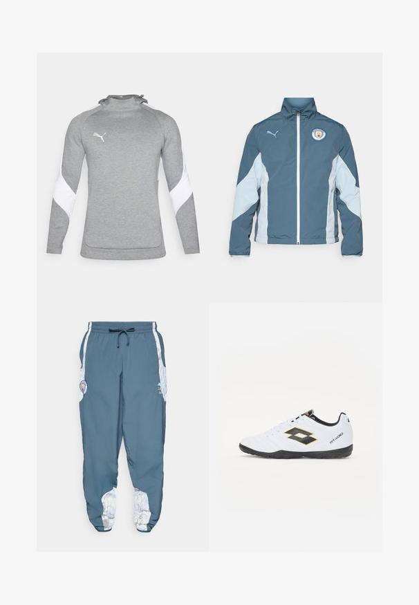 Windbreaker jacket in dark teal and light blue, featuring a zip front, high collar, and Manchester City logo on the chest.; Gray pullover with long sleeves, featuring white accents on the shoulders, a high neck, and a small logo on the chest. Textured fabric.; Track pants in blue fabric with elastic waistband and drawstring. Side accents feature a white pattern. Includes a brand logo patch.; White sports shoes with black and yellow accents, featuring a textured upper, round toe, and a black rubber sole. The design includes a logo detail on the side.