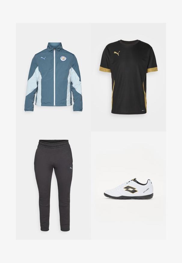 Sötét teal és világoskék szélálló dzseki, amely zipzárral, magas gallérral és a Manchester City logójával rendelkezik a mellkason.; Fekete sportpóló arany díszítéssel az ujjakon és az oldalon. Kerek nyakkivágással, rövid ujjakkal és nedvességelvezető DRYCELL anyagból készült.; Sötétszürke, puha textúrájú melegítőnadrág, szűkített fazonú, rugalmas derékrésszel és egy kis logóval a bal combon. Zsebek nem láthatók.; Fehér sportcipő fekete és sárga kiegészítőkkel, textúrázott felsőrésszel, kerek orral és fekete gumitalppal. A dizájn tartalmaz egy logó részletet az oldalon.