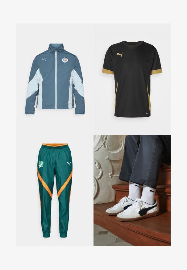 Tamsiai mėlynas ir šviesiai mėlynas vėjavėju, turintis užtrauktuką priekyje, aukštą apykaklę ir Mančesterio miesto logotipą ant krūtinės.; Juodas sportinis marškinėliai su auksiniais akcentais ant rankovių ir šonų. Turi apvalų kaklą, trumpas rankoves ir drėgmę praleidžiančią DRYCELL medžiagą.; Žalios sportinės kelnės su oranžinėmis chevrono juostelėmis, elastinga juosme ir logotipo aplikacija kairėje šlaunyje. Pagamintos iš lygaus audinio.; Puma sportbačiai baltoje ir juodoje zomšo spalvų derinys, su rudu guminio pado apdaila. Derinama su baltais kojiniais, kuriuose pavaizduota juoda logotipas, dėvimi su tamsiomis kelnėmis.