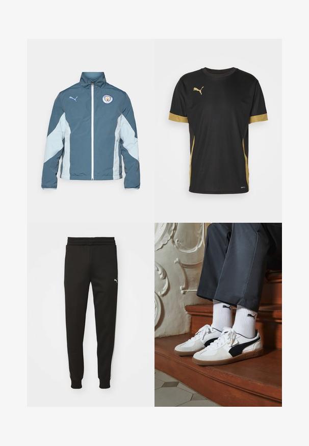 Sötét teal és világoskék szélálló dzseki, amely zipzárral, magas gallérral és a Manchester City logójával rendelkezik a mellkason.; Fekete sportpóló arany díszítéssel az ujjakon és az oldalon. Kerek nyakkivágással, rövid ujjakkal és nedvességelvezető DRYCELL anyagból készült.; Fekete sportos nadrág, szűkített szabással, gumis derékkal, oldalsó zsebekkel és fehér oldalcsíkkal. A bal combján egy kis logó található.; Fehér és fekete velúr Puma sportcipők, barna gumitalppal. Fehér zoknival párosítva, amely fekete logót visel, sötét nadrággal kombinálva.