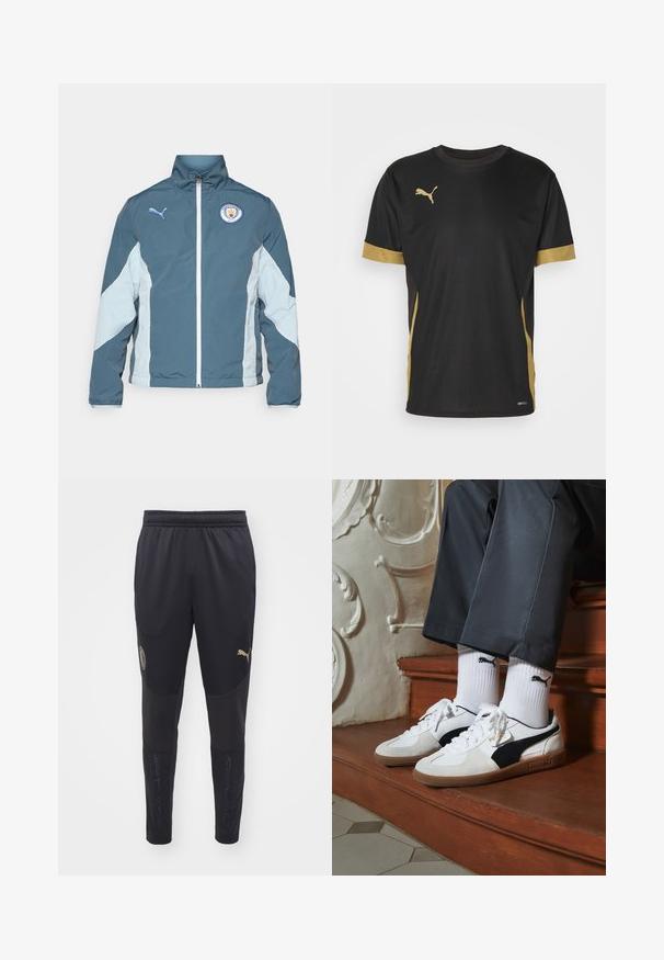 Windbreaker jas in donkerteal en lichtblauw, met een ritssluiting aan de voorkant, hoge kraag en het Manchester City logo op de borst.; Zwarte sport T-shirt met gouden accenten op de mouwen en zijkanten. Voorzien van een ronde hals, korte mouwen en vochtregulerende DRYCELL-stof.; Zwarte sportbroek van een gestructureerde stof, met een elastische tailleband, gouden logo's en mesh-accenten op de onderbenen voor ventilatie.; Puma sneakers in wit en zwart suède, met een bruine rubberen zool. Gecombineerd met witte sokken met een zwart logo, gedragen met donkere broek.