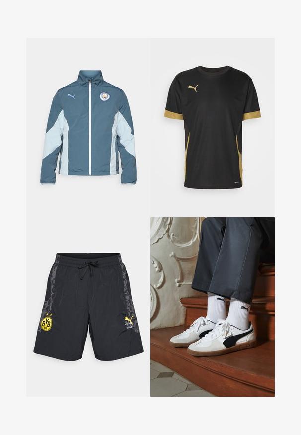 Vindjakke i mørk teal og lys blå, med glidelås foran, høy krage og Manchester City-logo på brystet.; Svart treningst-skjorte med gulldetaljer på ermene og siden. Har rund hals, korte ermer og fukttransporterende DRYCELL-stoff.; Svart sports-shorts med elastisk midjebånd og snøring. Har gult klubbmerke og aksentgrafikk på sidene. Lett materiale.; Puma-sneakers i hvitt og svart semsket skinn, med en brun gummisåle. Kombinert med hvite sokker med en svart logo, båret med mørke bukser.