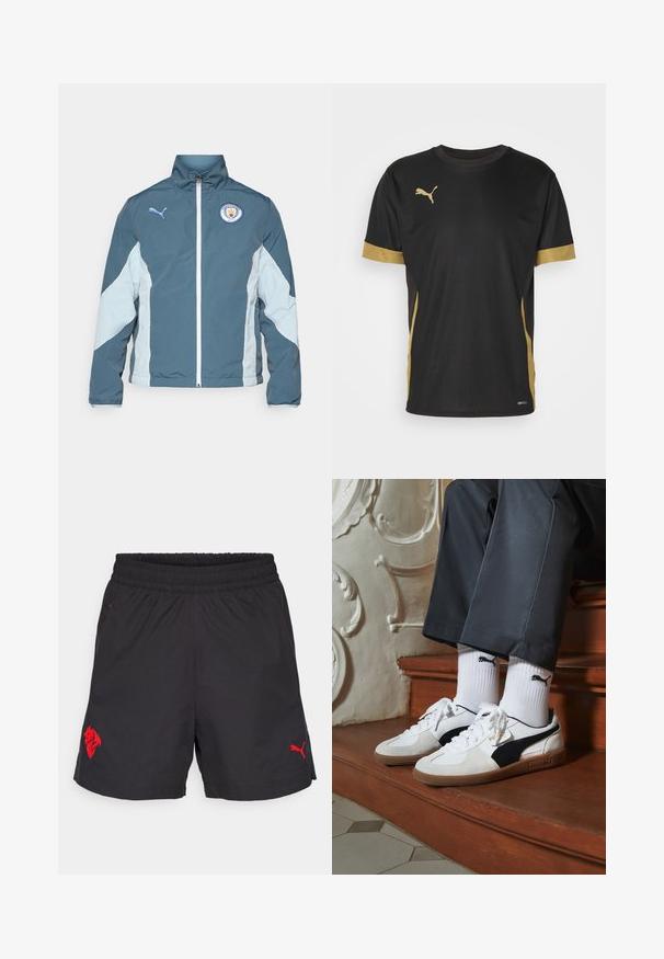 Vindjakke i mørk teal og lys blå, med lynlås fortil, høj krave og Manchester City-logo på brystet.; Sort sports T-shirt med gyldne detaljer på ærmerne og siden. Den har rund hals, korte ærmer og svedtransporterende DRYCELL-stof.; Sorte sportsbukser med elastisk talje, med et rødt løve-logo og et rødt Puma-logo på den nederste del. Letvægtsstof, glat tekstur.; Puma sneakers i hvid og sort ruskind med en brun gummisål. Bæres med hvide sokker med et sort logo og mørke bukser.