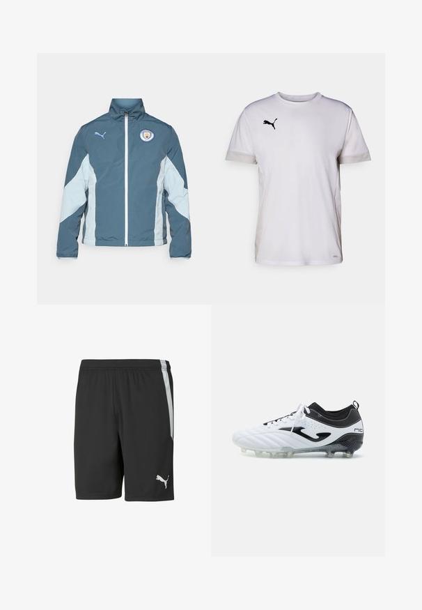 Vēja pārtraucējs jaka tumši zaļā un gaiši zilā krāsā, ar priekšējo rāvējslēdzēju, augstu apkakli un Mančestras City logo uz krūtīm.; Balta īsām piedurknēm sporta krekls ar apaļu kakla izgriezumu, ar elpojošiem acs akcentiem sānos un melnu Puma logotipu krūtīs.; Melnas sporta šortus, kas izgatavoti no viegla auduma, ar baltu sānu svītru un balto Puma logo apakšējā kreisajā priekšā.; Futbola apavi baltā un melnā ādas krāsā, struktūrēts dizains, auklu aizdare priekšpusē, sintētiskā zole ar spikes, un diskrēta zīmola marķējums sānos.