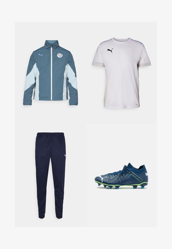 Chaqueta cortavientos en azul oscuro y azul claro, con cierre de cremallera en la parte delantera, cuello alto y el logo del Manchester City en el pecho.; Camiseta atlética blanca de manga corta con cuello redondo, que cuenta con acentos de malla transpirable en los lados y un logo negro de Puma en el pecho.; Pantalones deportivos de color marino hechos de material ligero, con una cintura elástica y piernas ajustadas. Pequeño detalle de logotipo blanco en el costado.; Botas de fútbol en azul marino con detalles verdes, parte superior de sintético texturizado, cuello tipo calcetín, seis tacos para tracción y una marca destacada.