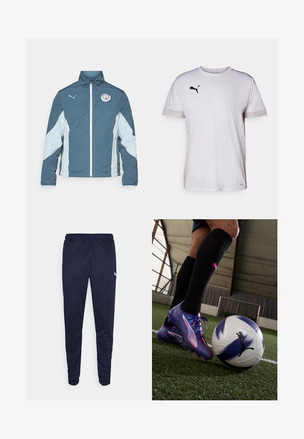 Windbreaker jacket in dark teal and light blue, featuring a zip front, high collar, and Manchester City logo on the chest.; White short-sleeve athletic shirt with a round neckline, featuring breathable mesh accents on the sides and a black Puma logo on the chest.; Navy athletic pants made from lightweight material, featuring an elastic waistband and tapered legs. Small white logo detail on the side.; Purple and pink soccer cleats with a sleek design and textured upper, positioned next to a black and white soccer ball on green turf.