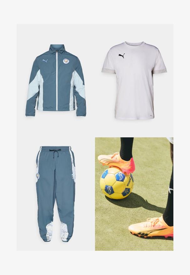 Giacca a vento in verde scuro e azzurro chiaro, con zip frontale, colletto alto e logo del Manchester City sul petto.; Maglietta sportiva bianca a maniche corte con collo rotondo, dotata di inserti in mesh traspirante ai lati e un logo Puma nero sul petto.; Pantaloni da tuta in tessuto blu con vita elastica e coulisse. Gli accenti laterali presentano un motivo bianco. Include un'etichetta con il logo del marchio.; Scarpe da calcio di un vivace arancione e rosa presentano un design elegante con una silhouette curva e dettagli neri, posizionate su una palla gialla con marcature blu.