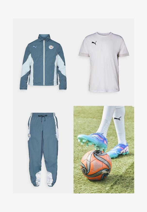Vetrovka v temno teal in svetlo modri barvi, z zadrgo spredaj, visokim ovratnikom in logotipom Manchester City na prsih.; Bela športna majica s kratkimi rokavi in okroglim izrezom, ki vključuje zračne mrežaste dodatke na straneh ter črni Puma logo na prsih.; Hlače za sledenje iz modrega blaga z elastičnim pasom in vrvico. Stranski detajli vsebujejo bel vzorec. Vključuje oznako blagovne znamke.; Modra in roza nogometna čevlja pritiska na oranžno in črno vzorčen nogometno žogo na umetni travi. Čevlji imajo teksturirano površino s konicami.