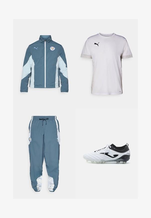 Windbreaker jas in donkerteal en lichtblauw, met een ritssluiting aan de voorkant, hoge kraag en het Manchester City logo op de borst.; Witte korte mouwen sportshirt met een ronde hals, voorzien van ademende mesh accenten aan de zijkanten en een zwart Puma-logo op de borst.; Trainingsbroek van blauwe stof met elastische tailleband en trekkoord. Zijaccenten hebben een witte patroon. Inclusief een merklogo patch.; Voetbalschoen in wit en zwart leer, met een gestructureerd ontwerp, vetersluiting aan de voorkant, synthetische zool met studs en subtiele branding aan de zijkant.
