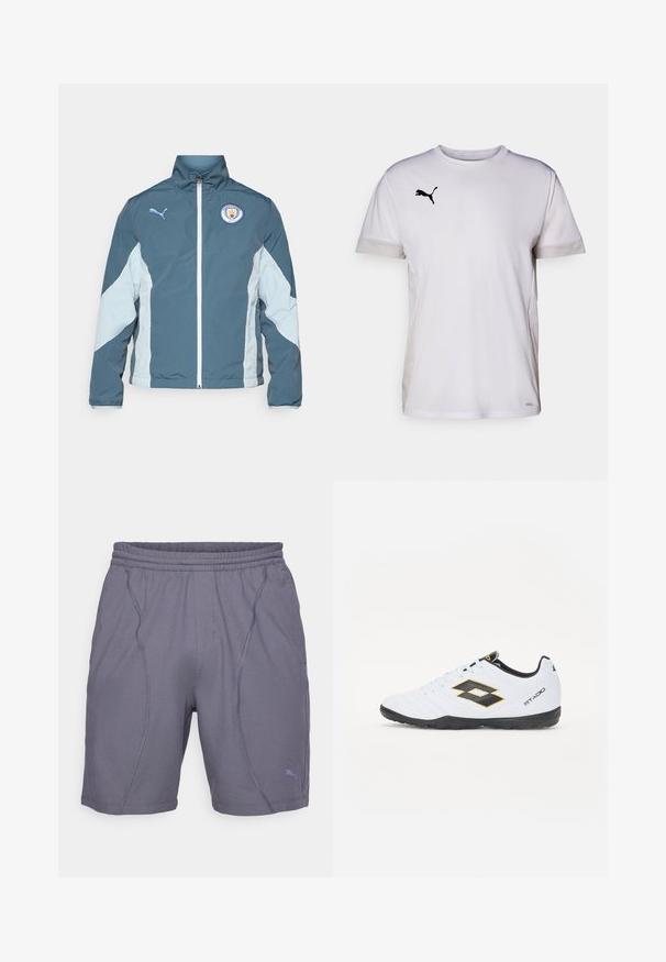 Bunda na vetry v tmavom teal a svetlom modrom, s predným zipsom, vysokým golierom a logom Manchester City na hrudi.; Biele krátke tričko s krátkym rukávom športového strihu s okrúhlym výstrihom, so vzdušnými sieťovinovými detailmi na bokoch a čiernym logom Puma na hrudi.; Šedé športové šortky s elastickým pásom, s prešívaniami a malým logom na dolnej ľavej strane. Vyrobené z ľahkej tkaniny.; Biele športové topánky s čiernymi a žltými akcentmi, s textúrovaným zvrškom, okrúhlou špičkou a čiernou gumovou podrážkou. Dizajn obsahuje logo detail na boku.