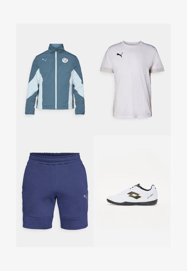 Vetrovka v temno teal in svetlo modri barvi, z zadrgo spredaj, visokim ovratnikom in logotipom Manchester City na prsih.; Bela športna majica s kratkimi rokavi in okroglim izrezom, ki vključuje zračne mrežaste dodatke na straneh ter črni Puma logo na prsih.; Temno modri šortsi iz mehke tkanine z elastičnim pasom, ki vsebujejo ukrivljen šiv in majhen odsevni logo na spodnji strani.; Bele športne čevlje z črnimi in rumenimi detajli, z teksturiranim zgornjim delom, okroglo konico in črnim gumijastim podplatom. Oblikovanje vključuje logotip na strani.