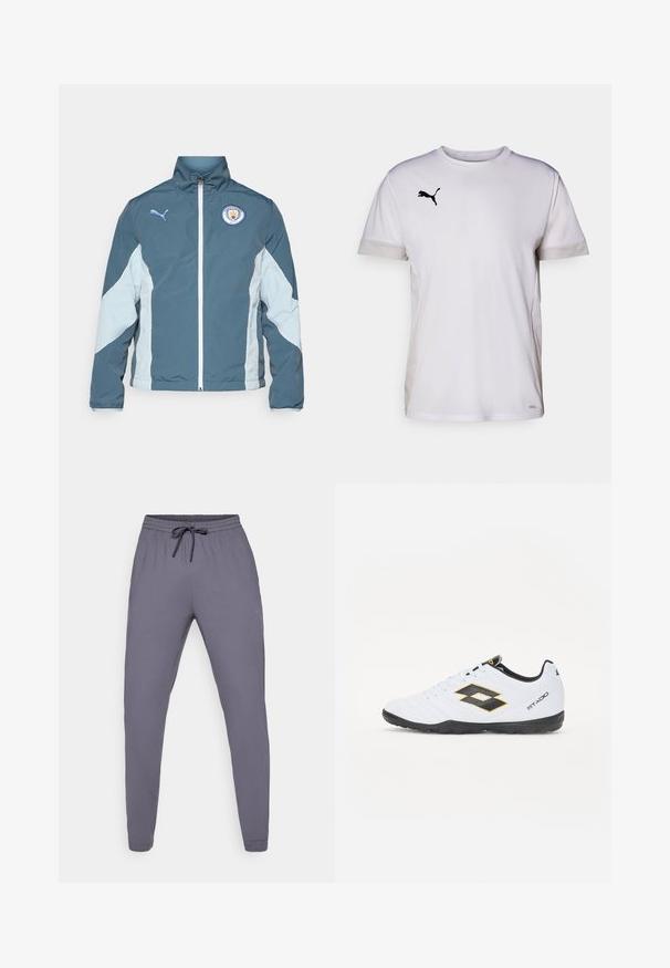 Tamsiai mėlynas ir šviesiai mėlynas vėjavėju, turintis užtrauktuką priekyje, aukštą apykaklę ir Mančesterio miesto logotipą ant krūtinės.; Baltas trumpomis rankovėmis sportinis marškinėliai su apvali apykakle, su orui pralaidžiais tinkleliais šonuose ir juodu Puma logotipu ant krūtinės.; Pilki sportiniai kelnių su elastinga juosta ir raišteliu. Lygus paviršius, siaurėjantis kojų dizainas, su mažu logotipu šone.; Baltos sportinės bateliai su juodais ir geltonais akcentais, turintys tekstūruotą viršutinę dalį, apvalią nosį ir juodą guminius padus. Dizainas apima logotipo detalę šone.