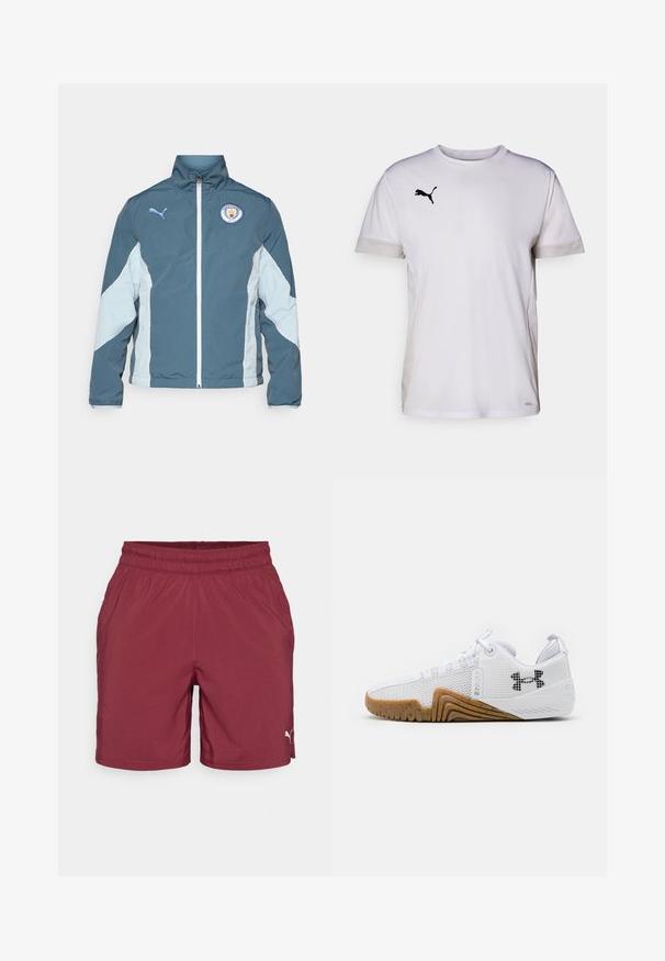 Windbreaker-Jacke in Dunkelblau und Hellblau, mit durchgehendem Reißverschluss, hohem Kragen und dem Manchester City-Logo auf der Brust.; Weißes kurzärmeliges Sportshirt mit Rundhalsausschnitt, ausgestattet mit atmungsaktiven Netzdetails an den Seiten und einem schwarzen Puma-Logo auf der Brust.; Burgunderfarbene Sportshorts mit elastischem Bund, seitlichen Taschen und einem kleinen weißen Logo auf der unteren rechten Seite. Glatte Stoffoberfläche.; Weiße Sportschuhe mit einem Obermaterial aus Mesh, einer Gummisohle in Braun, strukturierten Akzenten und einem schwarzen Logo an der Seite.