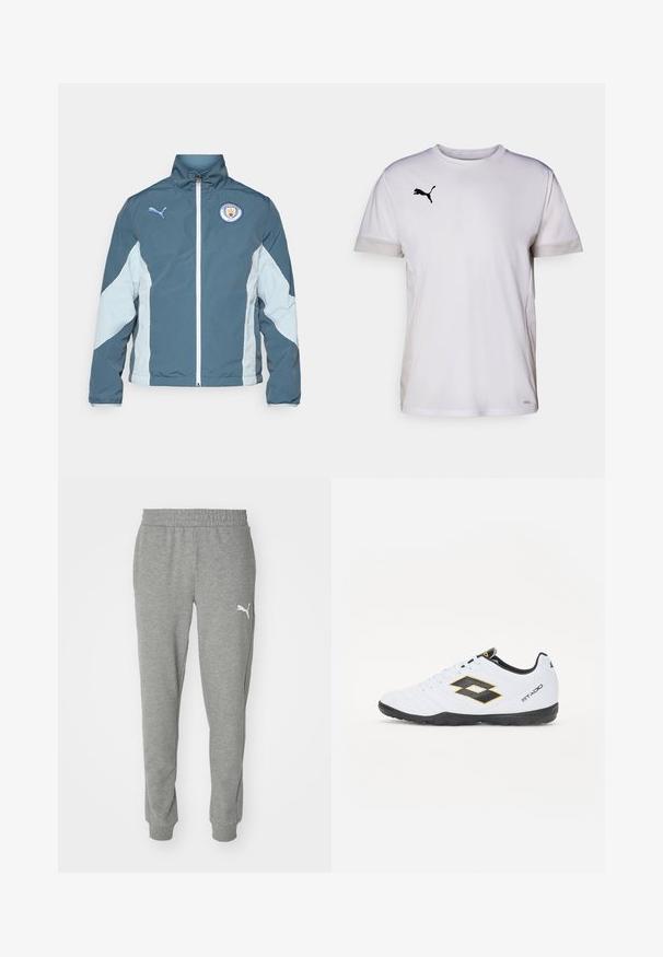 Vēja pārtraucējs jaka tumši zaļā un gaiši zilā krāsā, ar priekšējo rāvējslēdzēju, augstu apkakli un Mančestras City logo uz krūtīm.; Balta īsām piedurknēm sporta krekls ar apaļu kakla izgriezumu, ar elpojošiem acs akcentiem sānos un melnu Puma logotipu krūtīs.; Pelēki sporta bikses no mīksta auduma, ar elastīgu jostu, sašaurinātām kājām un baltu logo kreisajā augšstilbā.; Baltas sporta apavus ar melniem un dzelteniem akcentiem, ar teksturētu virsmu, apaļu purngalu un melnu gumijas zoli. Dizainā ir iekļauts logo elements sānos.