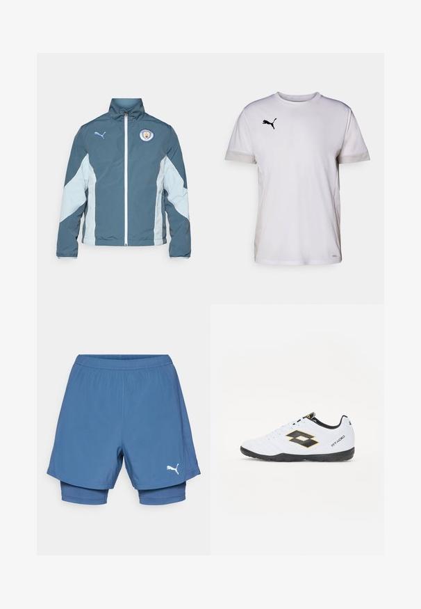 Tume smaragdrohe ja helesinise tuulejope, millel on tõmblukk, kõrge krae ja Manchester City logo rinnal.; Valge lühikeste varrukatega spordipaita ümmarguse kaelusega, külgedel hingavate võrgumaterjalide aktsentidega ja musta Puma logo rinnal.; Puma sinine spordipüksid kihilise disainiga, elastse vöökohaga, sileda tekstuuriga ja valge logoga alajalas.; Valged spordijalatsid mustade ja kollaste aktsentidega, millel on tekstuuriga pealisosa, ümmargune nina ja must kummist tallad. Disain sisaldab logo detaile külgedel.