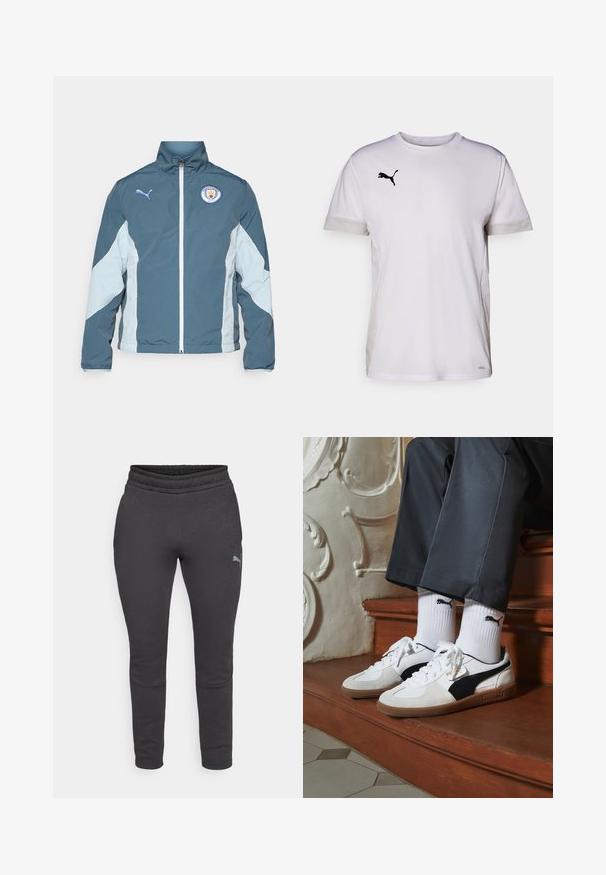 Windbreaker-Jacke in Dunkelblau und Hellblau, mit durchgehendem Reißverschluss, hohem Kragen und dem Manchester City-Logo auf der Brust.; Weißes kurzärmeliges Sportshirt mit Rundhalsausschnitt, ausgestattet mit atmungsaktiven Netzdetails an den Seiten und einem schwarzen Puma-Logo auf der Brust.; Dunkelgraue Jogginghose mit weicher Textur, schmalem Schnitt, elastischem Bund und kleinem Logo auf dem linken Oberschenkel. Keine sichtbaren Taschen.; Puma-Sneaker aus weißem und schwarzem Wildleder mit einer braunen Gummisohle. Kombiniert mit weißen Socken, die ein schwarzes Logo zeigen, getragen zu dunklen Hosen.