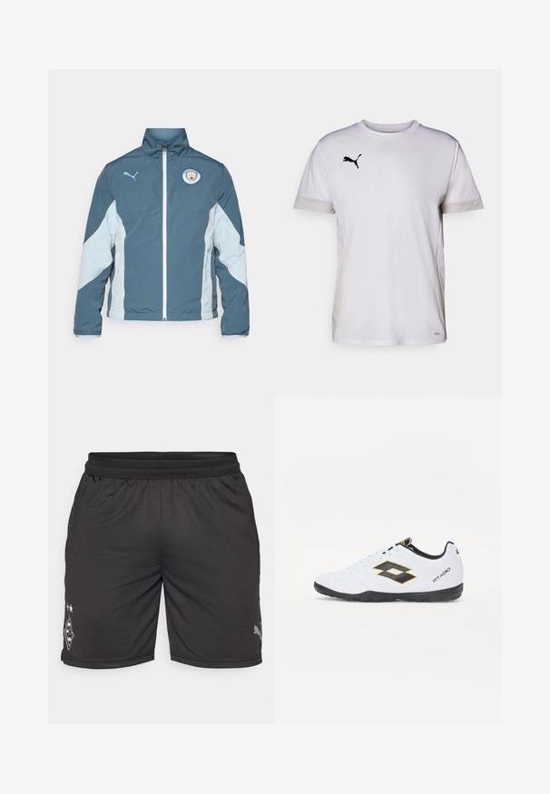 Jakna na vjetar u tamno plavoj i svijetloplavoj boji, sa zatvaranjem na zip, visokim ovratnikom i logotipom Manchester City na prsima.; Bijela sportska majica kratkih rukava s okruglim izrezom, koja sadrži prozračne mrežaste detalje sa strane i crni Puma logo na prsima.; Crne atletske kratke hlače s elastičnim pojasom, mrežastim panelima i logotipom na lijevoj nozi. Izrađene su od laganog, prozračnog materijala.; Bijele sportske cipele s crnim i žutim akcentima, sa teksturiranim gornjištem, okruglim prstom i crnim gumennim potplatom. Dizajn uključuje logo detalj sa strane.