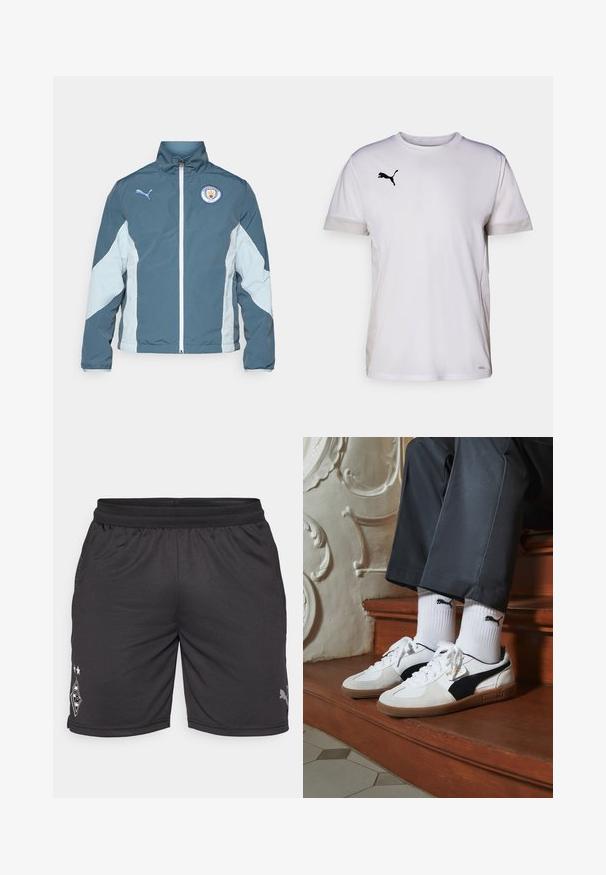 Vēja pārtraucējs jaka tumši zaļā un gaiši zilā krāsā, ar priekšējo rāvējslēdzēju, augstu apkakli un Mančestras City logo uz krūtīm.; Balta īsām piedurknēm sporta krekls ar apaļu kakla izgriezumu, ar elpojošiem acs akcentiem sānos un melnu Puma logotipu krūtīs.; Melni sporta šorti ar elastīgu jostasvietu, acs paneļiem un logotipu kreisajā kājā. Izgatavoti no viegla, elpojoša auduma.; Puma kedas baltā un melnā zamšā, ar brūnu gumijas zoli. Pāris ar baltām zeķēm, kurās redzams melns logo, nēsātas ar tumšām biksēm.