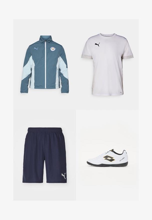 Tume smaragdrohe ja helesinise tuulejope, millel on tõmblukk, kõrge krae ja Manchester City logo rinnal.; Valge lühikeste varrukatega spordipaita ümmarguse kaelusega, külgedel hingavate võrgumaterjalide aktsentidega ja musta Puma logo rinnal.; Tumes sinised spordilühikesed püksid kerge kangaga, millel on elastne vöökoht ja peegeldav logo vasakul all.; Valged spordijalatsid mustade ja kollaste aktsentidega, millel on tekstuuriga pealisosa, ümmargune nina ja must kummist tallad. Disain sisaldab logo detaile külgedel.