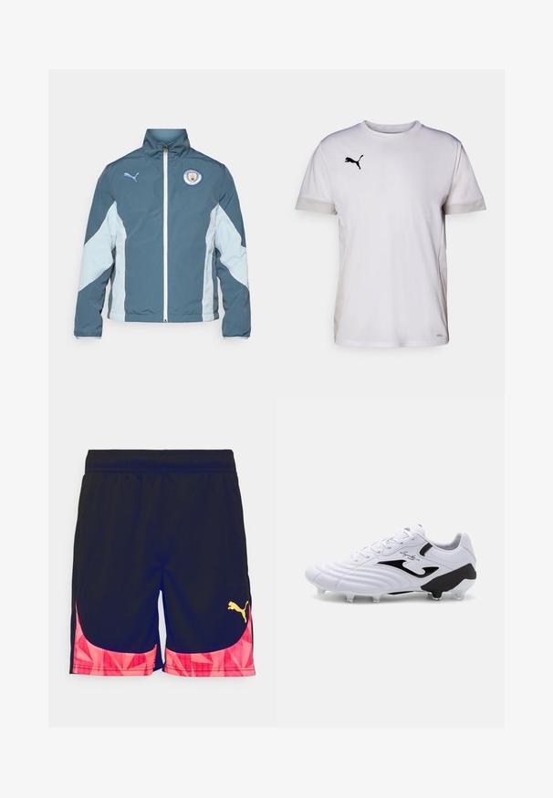 Windbreaker-Jacke in Dunkelblau und Hellblau, mit durchgehendem Reißverschluss, hohem Kragen und dem Manchester City-Logo auf der Brust.; Weißes kurzärmeliges Sportshirt mit Rundhalsausschnitt, ausgestattet mit atmungsaktiven Netzdetails an den Seiten und einem schwarzen Puma-Logo auf der Brust.; Schwarze Sportshorts mit einem pinken geometrischen Akzent am Saum, versehen mit einem gelben Puma-Logo an der Unterseite. Leichter Stoff, reguläre Passform.; Weißer Fußballschuh mit texturiertem Synthetik-Obermaterial, schwarzen Akzenten, Schnürverschluss und sechs klaren Stollen auf einer schwarzen Sohle für Traktion.