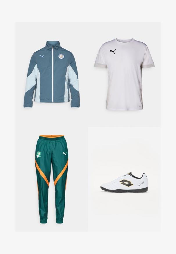 Jachetă windbreaker în albastru închis și albastru deschis, cu fermoar frontal, guler înalt și logo-ul Manchester City pe piept.; Cămașă sport albă cu mâneci scurte și guler rotund, având accente din plasă respirabilă pe laterale și un logo Puma negru pe piept.; Pantaloni de trening verzi cu dungi în formă de V portocalii, talie elastică și o etichetă cu logo pe coapsa stângă. Confecționați dintr-un material neted.; Pantofi sport albi cu accente negre și galbene, având un superior texturat, vârful rotund și o talpă din cauciuc negru. Designul include un detaliu cu logo pe lateral.