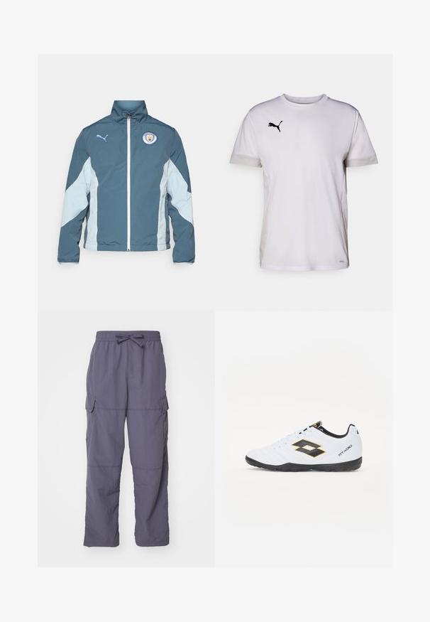 Casaco corta-vento em verde-escuro e azul-claro, com fecho éclair na frente, gola alta e logotipo do Manchester City no peito.; Camisola atlética branca de manga curta com decote redondo, apresentando detalhes em malha respirável nas laterais e um logo da Puma em preto no peito.; Calças cargo em púrpura suave, com um cós elástico e cordão, duas pocket laterais e um corte relaxado; tecido liso e leve.; Sapatilhas brancas com detalhes em preto e amarelo, apresentando um cabedal texturizado, biqueira redonda e sola em borracha preta. O design inclui um detalhe de logótipo de lado.