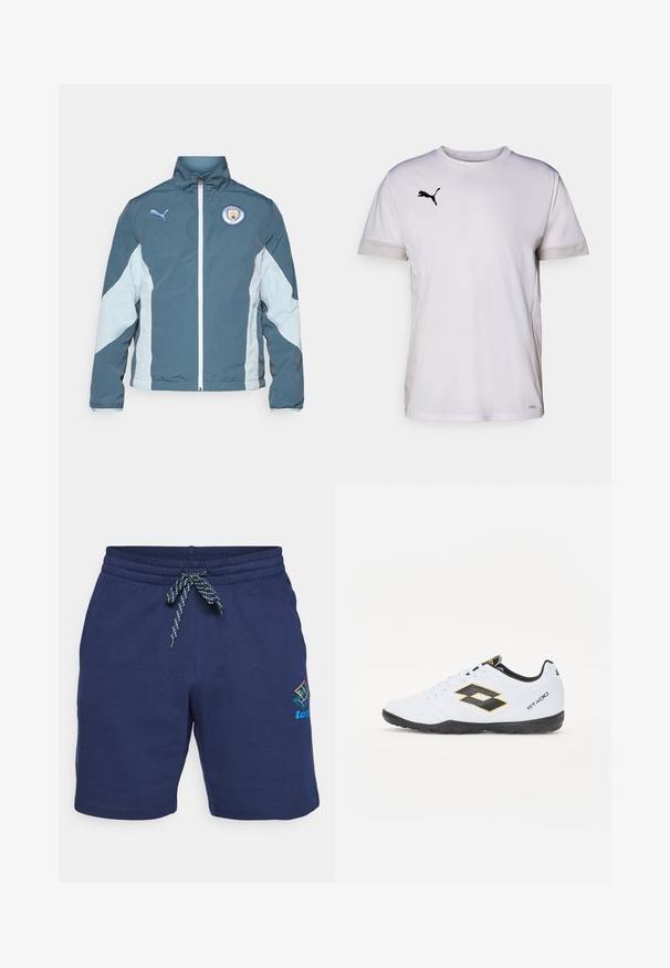 Tuulitakki tummansinisessä ja vaaleansinisessä, jossa on vetoketjukiinnitys, korkea kaulus ja Manchester Cityn logo rinnassa.; Valkoinen lyhythihainen urh-Shirt, jossa on pyöreä pääntie, ja sivuilla hengittäviä verkkomateriaaleja sekä musta Puma-logo rinnassa.; Tummansiniset shortsit, joissa on kiristettävä vyötärö ja vihreä-sininen raidallinen nauha. Sivussa on monivärinen logo.; Valkoiset urheilukengät mustilla ja keltaisilla yksityiskohdilla, joissa on teksturoitu päällinen, pyöreä kärki ja musta kumipohja. Suunnittelussa on logotieto sivulla.