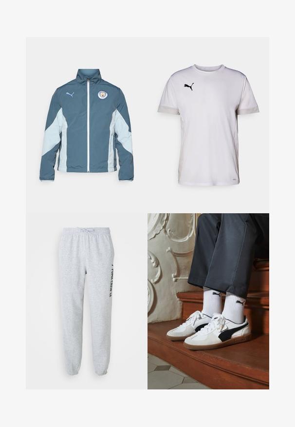 Kurtka typu windbreaker w ciemnym odcieniu teal i jasnym niebieskim, posiadająca zamek z przodu, wysoki kołnierz oraz logo Manchester City na piersi.; Biała koszulka sportowa z krótkim rękawem i okrągłym dekoltem, z oddychającymi wstawkami z siateczki po bokach oraz czarnym logo Pumy na piersi.; Szare dresowe spodnie z elastycznym pasem, sznurkiem i zwężanymi nogawkami. Posiadają boczny nadruk logo w kolorze czarnym. Wykonane z miękkiego materiału bawełnianego.; Sneakers Puma w białym i czarnym zamszu, z brązową gumową podeszwą. W połączeniu z białymi skarpetkami z czarnym logo, noszone z ciemnymi spodniami.
