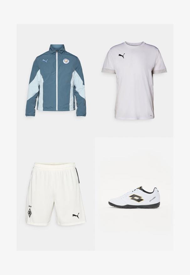 Bunda na vetry v tmavom teal a svetlom modrom, s predným zipsom, vysokým golierom a logom Manchester City na hrudi.; Biele krátke tričko s krátkym rukávom športového strihu s okrúhlym výstrihom, so vzdušnými sieťovinovými detailmi na bokoch a čiernym logom Puma na hrudi.; Biele športové šortky vyrobené z ľahkej tkaniny, s čiernym logom na ľavej nohe a čiernymi bočnými akcentmi. Obsahujú elastický pás.; Biele športové topánky s čiernymi a žltými akcentmi, s textúrovaným zvrškom, okrúhlou špičkou a čiernou gumovou podrážkou. Dizajn obsahuje logo detail na boku.